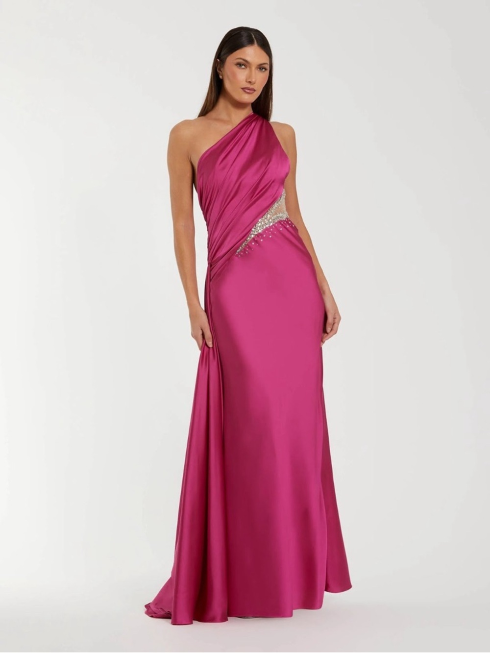 Mac Duggal 2210 Pink One Shoulder Charmeuse Gown With Beaded Cutout Size 12 NWT